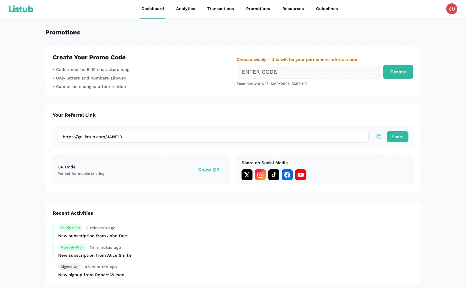 Affiliate code in Listub