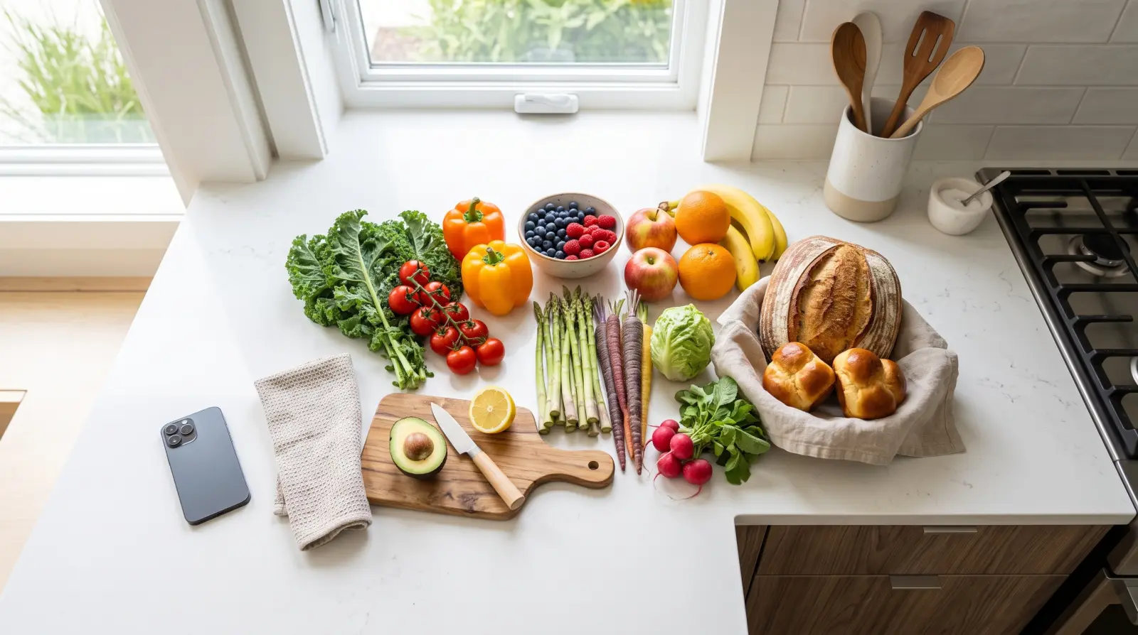 Groceries and a phone showing a shopping list